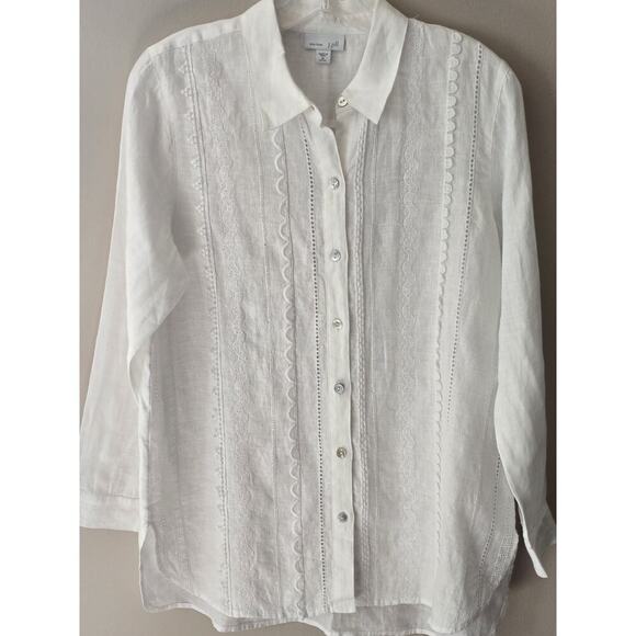 Love Linen J. Jill White Button Front Long Sleeve Embroidered Linen Tunic Mp - Picture 3 of 7